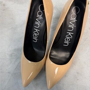 Calvin Klein Beige Patent Pointed-Toe Stiletto Pumps